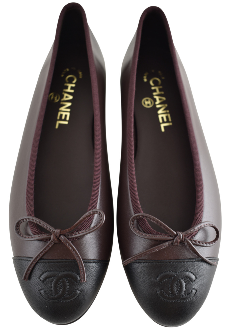 Chanel 26K Chocolate Dark Brown Black Lambskin CC Cap Ballet Ballerina Flat 37.5
